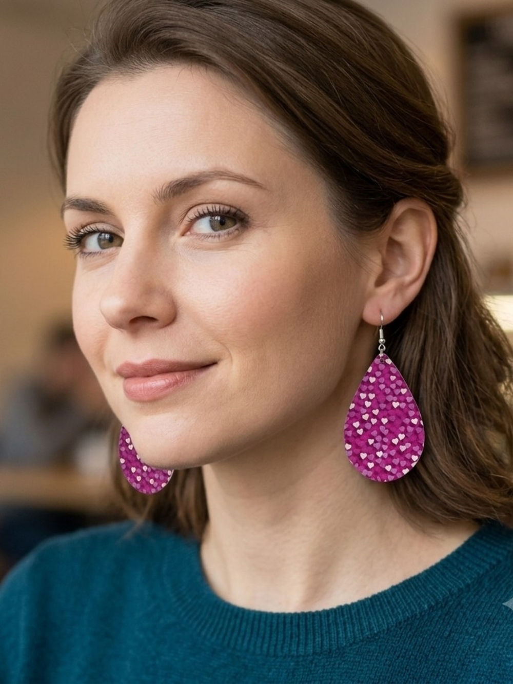 Women’s Pink Wood Teardrop Heart Pattern Earrings